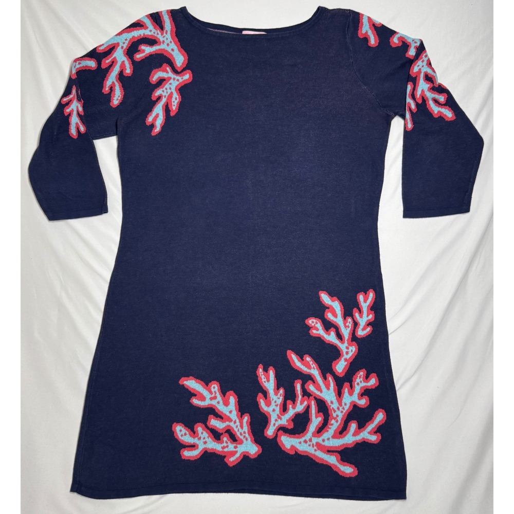 Lilly Pulitzer Navy Blue Coral Reef Cotton Sweater Dress XL Coastal 3/4 Sleeve